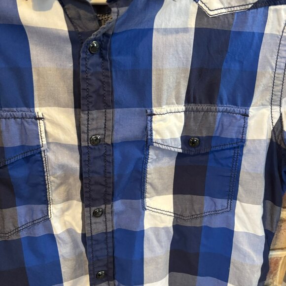 Mens Express LS Western Snap Plaid Shirt Blue & White Checkered Size M Vtg - Picture 2 of 9